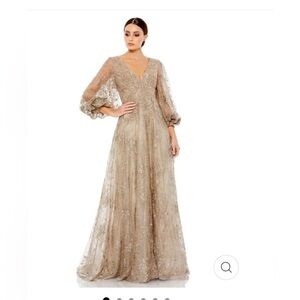 Mac Duggal EMBELLISHED PLUNGE NECK PUFF SLEEVE A LINE GOWN size 10 $798 Mocha